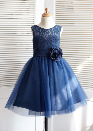 Navy Blue Lace Tulle Knee Length Flower Girl Dress Navy Blue Lace Tulle Knee Length Flower Girl Dress